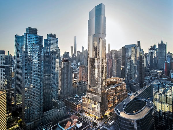 This rendering image provided by Silverstone Properties shows the proposed $7-billion Avenir casino for the West Side of Manhattan, near the Jacob K. Javits Convention Center and the Lincoln Tunnel that carries drivers under the Hudson River to New Jersey. (Silverstone Properties via AP)