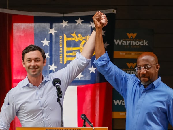 U.S. Sens. Jon Ossoff and Raphael Warnock, both Georgia Democrats, received a shoutout from the Welcome PAC. (Arvin Temkar/AJC)