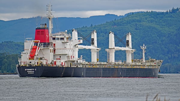 The Liberian-flagged bulk carrier Eternity C is seen near Cathlamet, Oregon, July 23, 2019. (Mike Cullom via AP)