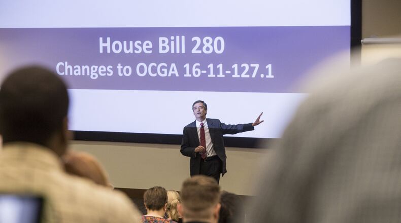 Jeff Milsteen, Kennesaw State University Chief Legal Affairs Officer, addresses a room filled with members of the KSU community about House Bill 280 on June 22, 2017. Chad Rhym/ Chad.Rhym@ajc.com