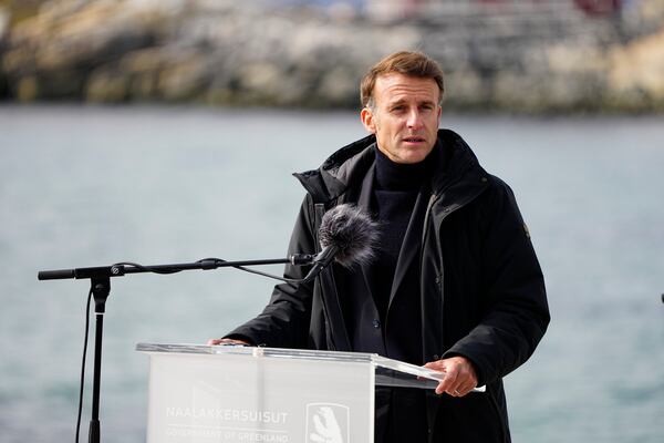 French President Emmanuel Macron speaks during a news conference in Nuuk, Greenland, Sunday, June 15, 2025. (Mads Claus Rasmussen/Ritzau Scanpix via AP)