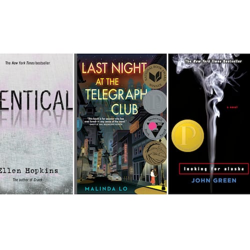 This combination of book cover images shows "Identical" by Ellen Hopkins, from left, "Last Night at the Telegraph Club," by Malinda Lo, "Looking for Alaska" by John Green, and "Tricks" by Ellen Hopkins. (Margaret K. McElderry Books/Dutton/Dutton/Margaret K. McElderry Books via AP)