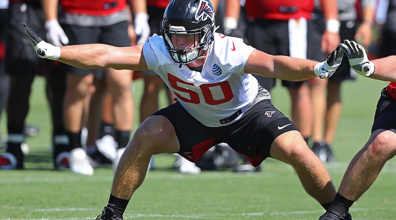 Falcons defensive end John Cominsky joins the offensive line on special teams to block for a kick during the third practice  of training camp Wednesday, July 24, 2019, in Flowery Branch.