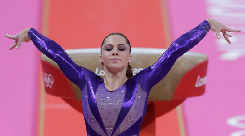 In this July 29, 2012, file photo, U.S. gymnast McKayla Maroney poses after completing her routine on the vault during the Artistic Gymnastic women's qualifications at the 2012 Summer Olympics in London. Maroney posted a statement on Twitter Oct. 18, 2017, in which she said she was molested for years by former Team USA doctor Larry Nassar. (AP Photo/Julie Jacobson, File)