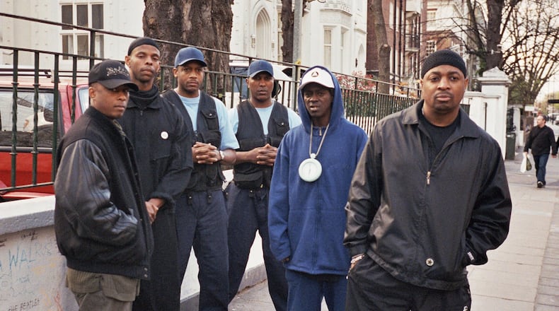 Public Enemy in 2007. Professor Griff, DJ Lord, SW1 Pop Diesel, SW1 James Bomb, Flavor Flav and Chuck D. Missing is original DJ Terminator X, who retired as a full-time member of the group. (Photo by Walter Leaphart)