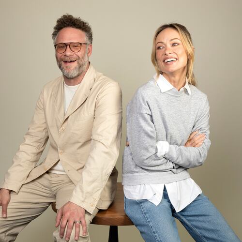 Seth Rogen, left, and Olivia Wilde pose for a portrait in Los Angeles to promote their film "The Invite" on Sunday, May 31, 2026. (Photo by Rebecca Cabage/Invision/AP)