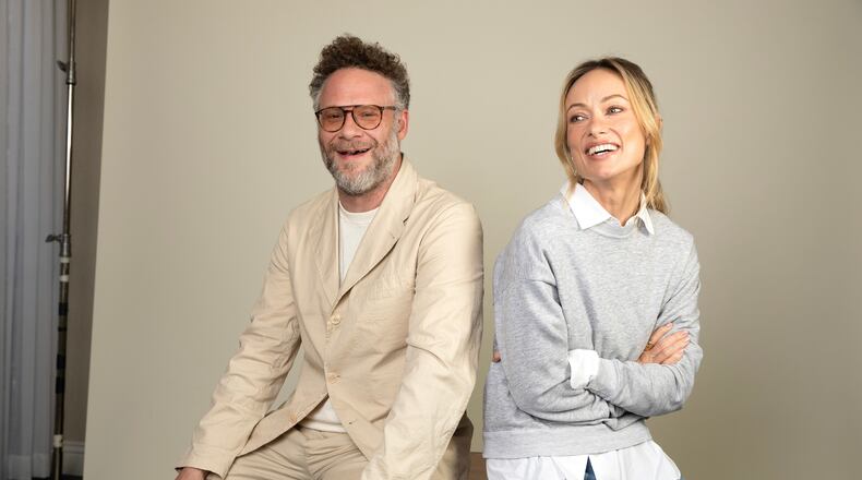 Seth Rogen, left, and Olivia Wilde pose for a portrait in Los Angeles to promote their film "The Invite" on Sunday, May 31, 2026. (Photo by Rebecca Cabage/Invision/AP)