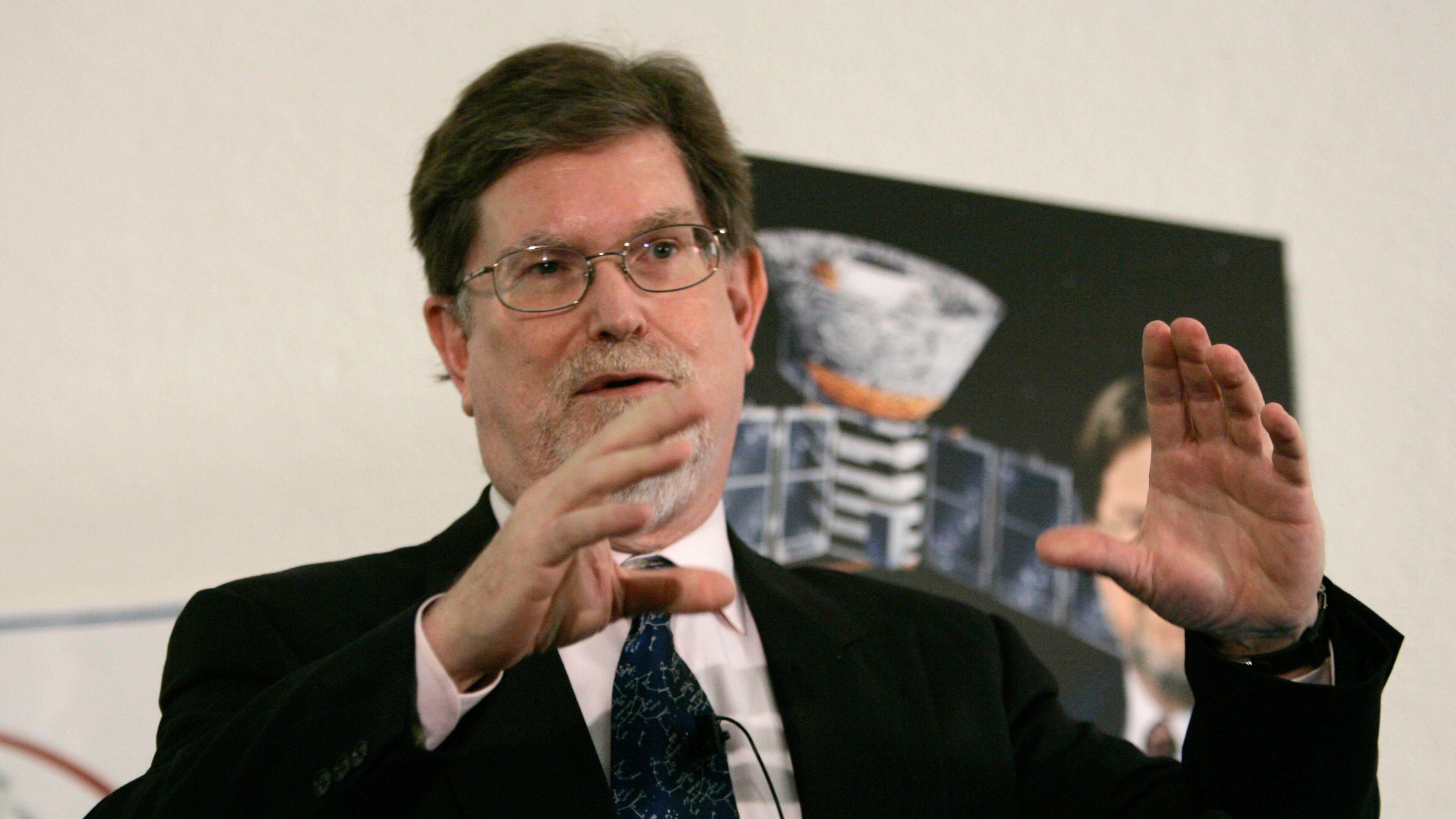 FILE - Dr. George Smoot, professor of Physics at the University of California Berkeley, gestures during a media conference Tuesday, Oct. 3, 2006, in Berkeley, Calif. (AP Photo/Ben Margot, File)