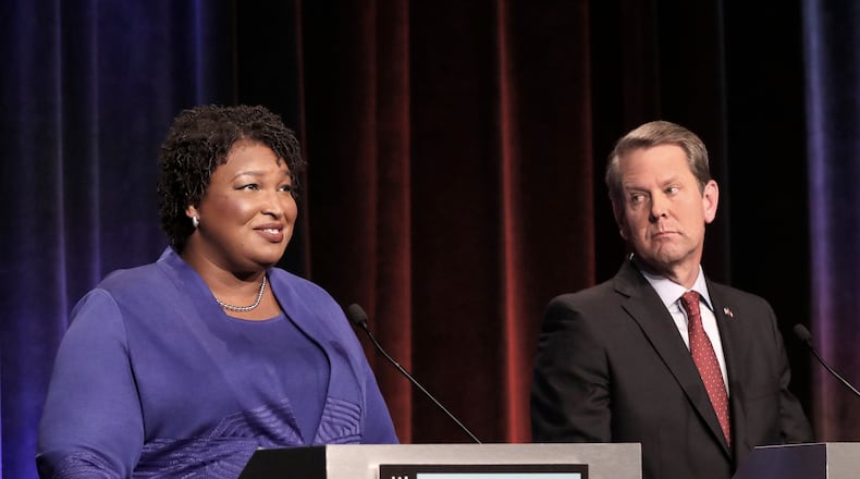 ATLANTA, GA - OCTOBER 23:  Georgia gubernatorial candidates (L-R) Democrat Stacey Abrams and Republican Brian Kemp debate in an event that also included Libertarian Ted Metz at Georgia Public Broadcasting in Midtown October 23, 2018 in Atlanta, Georgia.  (Photo by John Bazemore-Pool/Getty Images)