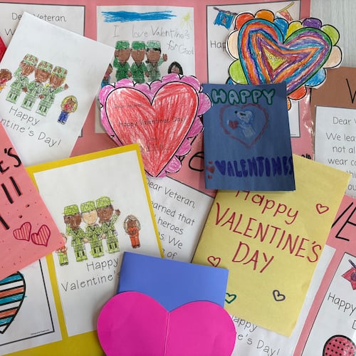 Students in Cobb County wrote cards as part of U.S. Rep. Lucy McBath's seventh annual "Valentines for Veterans" event. (Courtesy of Lucy McBath)