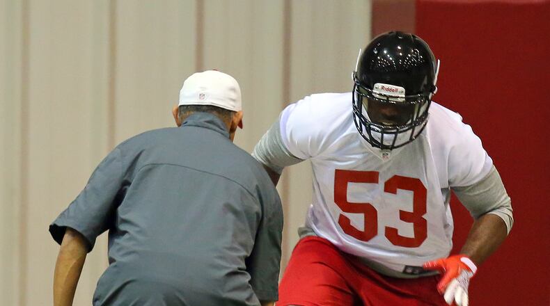 Falcons rookie linebacker Brian Banks, Long Beach Poly High School, runs an agility drill during rookie minicamp on Saturday, May 4, 2013, in Flowery Branch. CURTIS COMPTON / CCOMPTON@AJC.COM