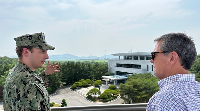 Gov. Brian Kemp, right, visited the Demilitarized Zone separating the Korean Peninsula this week as part of his 10-day trip to South Korea. Kemp allies hope the trip to South Korea, along with recent overseas visits to Israel and Davos, Switzerland, can help round out a foreign-policy weak spot on his resume if he chooses to either run for the U.S. Senate in 2026 or the presidency in 2028. File.