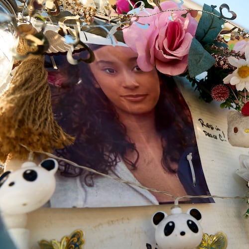 FILE - A makeshift memorial for Celeste Rivas Hernandez, whose body was found inside a vehicle owned by singer D4vd, is displayed outside her home in Lake Elsinore, Calif., on April 21, 2026. (AP Photo/Damian Dovarganes, File)