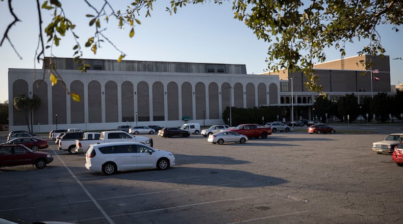 SAVANNAH, GA - FEBRUARY 26, 2024:  Savannah Civic Center's block aesthetic style, known as new formalist, is out of keeping with the architectural beauty that gives downtown its charm, Monday, Feb. 26, 2024, Savannah, Ga. Its construction in the late 1960s also obliterated the remnants of one of the original 24 squares developed as part of the Oglethorpe Plan, a world-renowned urban design concept. (AJC Photo/Stephen B. Morton)