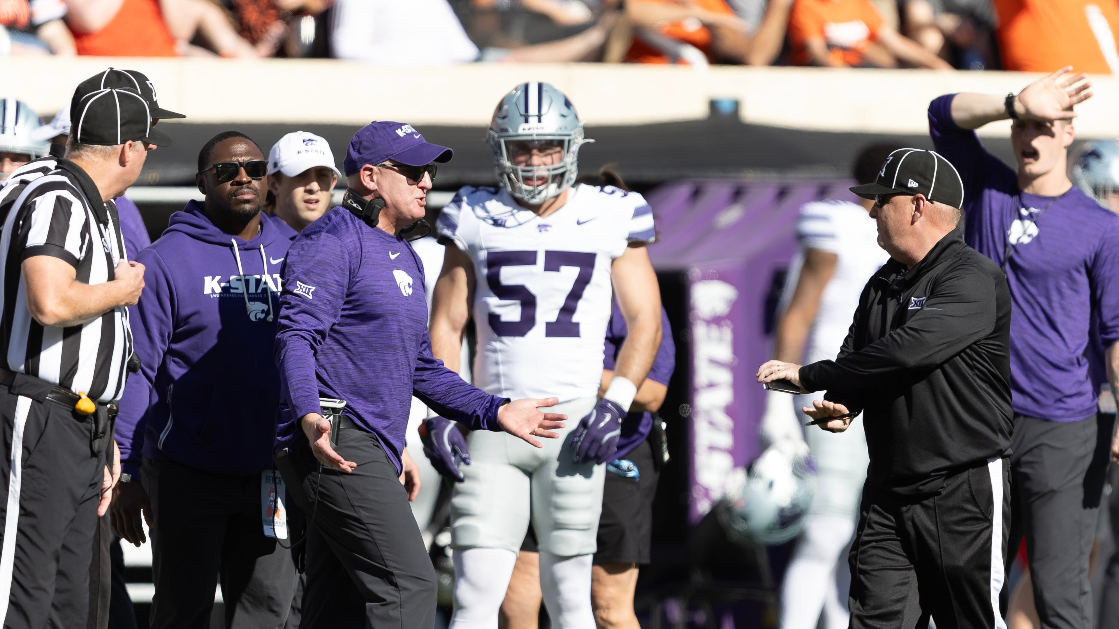 Kansas State head coach Chris Klieman talks to officials on the sidelines in the first half of an NCAA college football game against Oklahoma State Saturday, Nov. 15, 2025, in Stillwater, Okla. (AP Photo/Mitch Alcala)