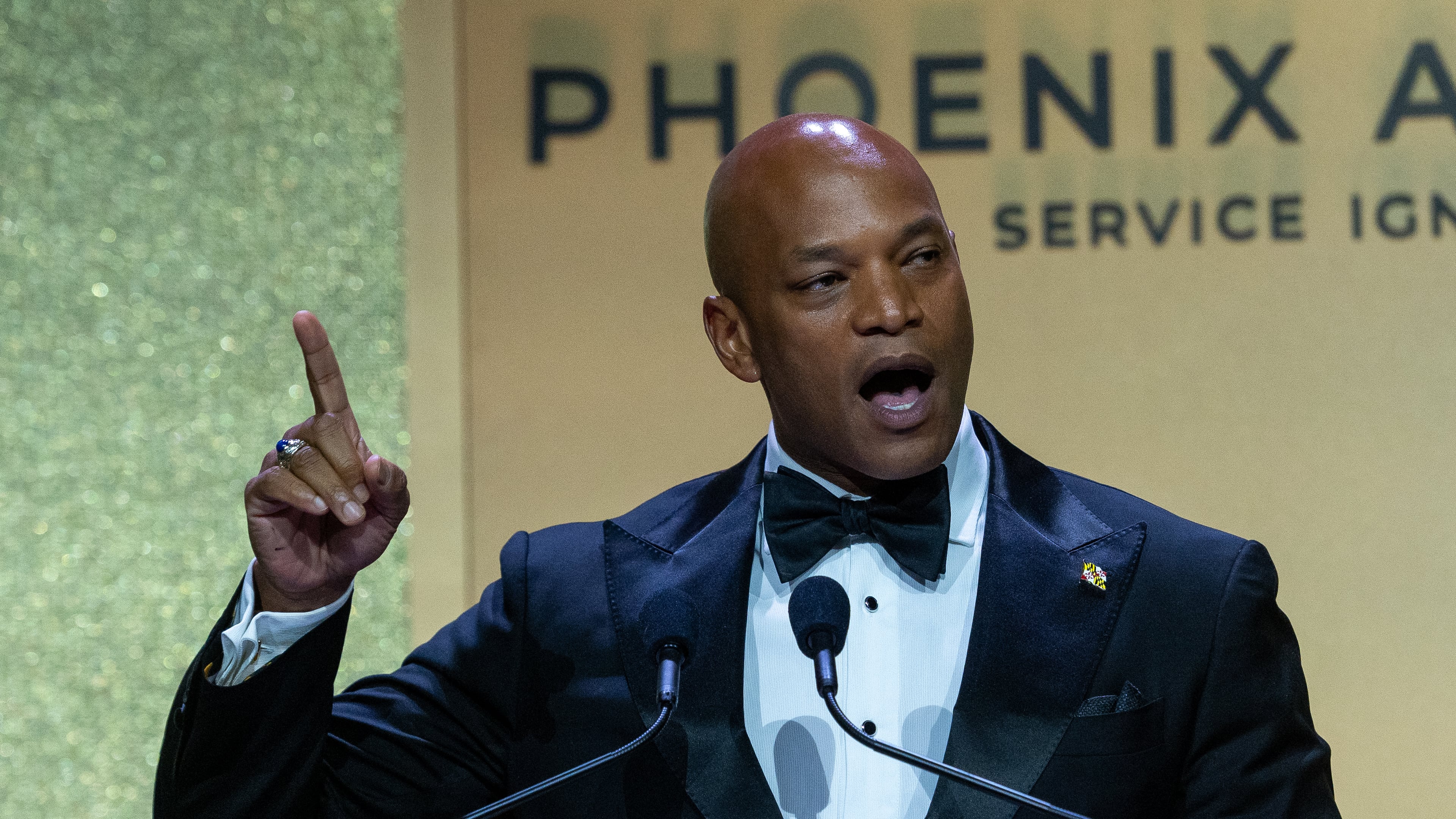 Maryland Gov. Wes Moore speaks during the Congressional Black Caucus Foundation Phoenix Awards Dinner, in Washington, Saturday, Sept. 27, 2025. (AP Photo/Cliff Owen)