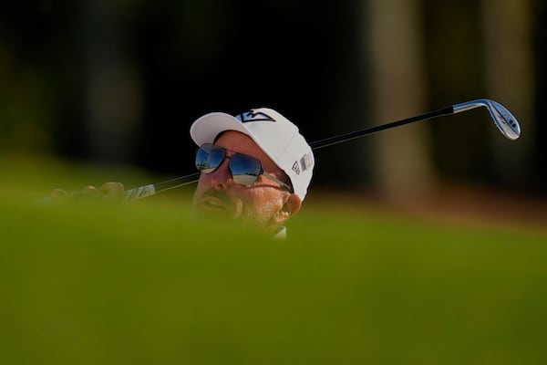 Phil Mickelson. chips to the green on the 18th hole during the second round at the Masters golf tournament, Friday, April 11, 2025, in Augusta, Ga. (AP Photo/Ashley Landis)