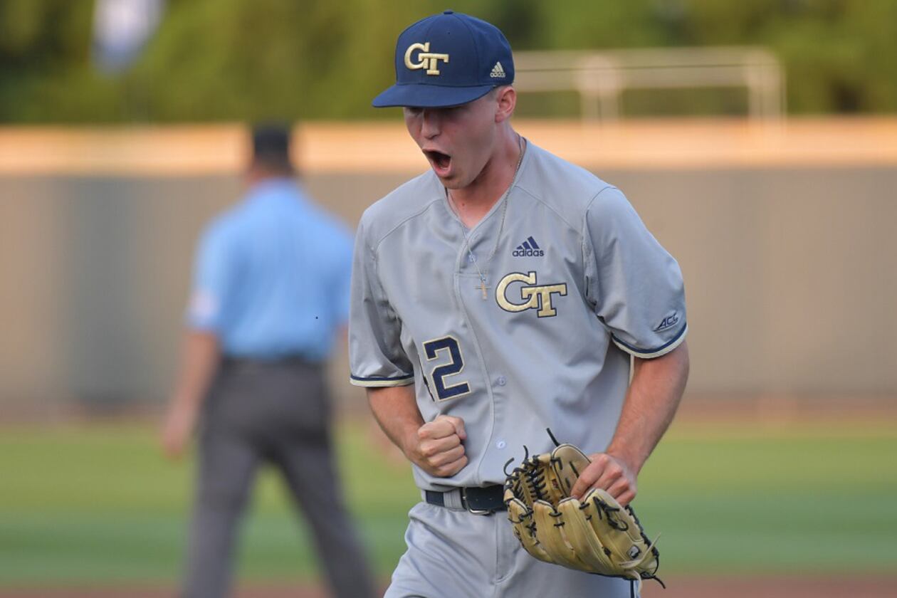 Georgia Tech's Connor Thomas (42) in the NCAA regionals at Russ Chandler Stadium in Georgia Tech campus on Saturday, June 1, 2019. HYOSUB SHIN / HSHIN@AJC.COM
