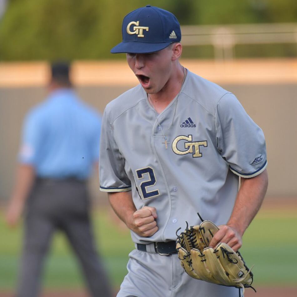 Georgia Tech's Connor Thomas (42) in the NCAA regionals at Russ Chandler Stadium in Georgia Tech campus on Saturday, June 1, 2019. HYOSUB SHIN / HSHIN@AJC.COM