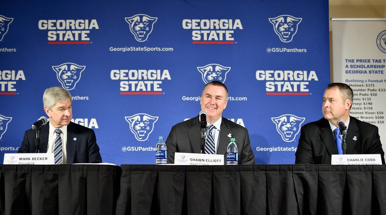 Georgia State coach Shawn Elliott, center, brought in 20 recruits in the 2017 signing class. (DAVID BARNES / DAVID.BARNES@AJC.COM)