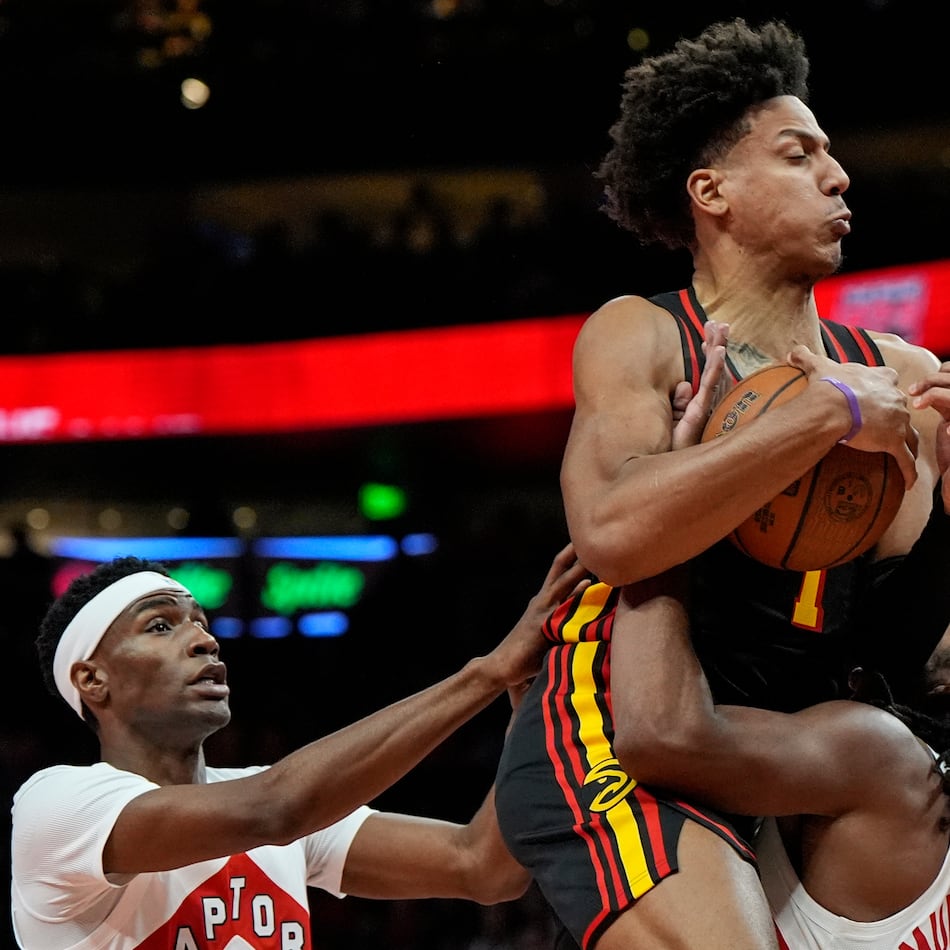 Hawks forward Jalen Johnson, shown here driving against the Toronto Raptors on Friday, Nov. 7, 2025, had a triple-double in Thursday's win over the Utah Jazz. (Mike Stewart/AP)