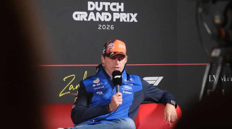 Red Bull driver Max Verstappen of the Netherlands attends a news conference ahead of the Dutch Formula One Grand Prix in Zandvoort, Netherlands, Thursday, Aug. 20, 2026. (AP Photo/Patrick Post)
