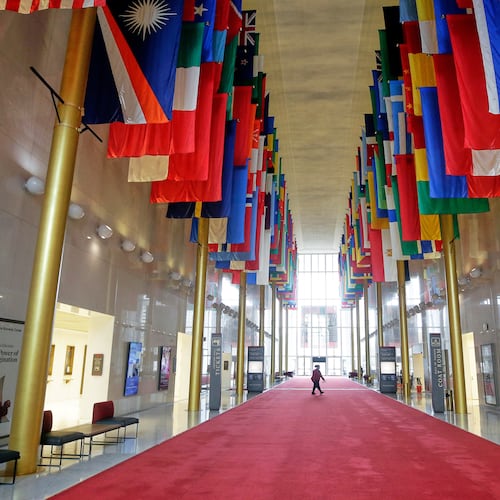 FILE - The Hall of Nations at the John F. Kennedy Memorial Center for the Performing Arts, Nov. 22, 2025, in Washington. (AP Photo/Rahmat Gul, file)