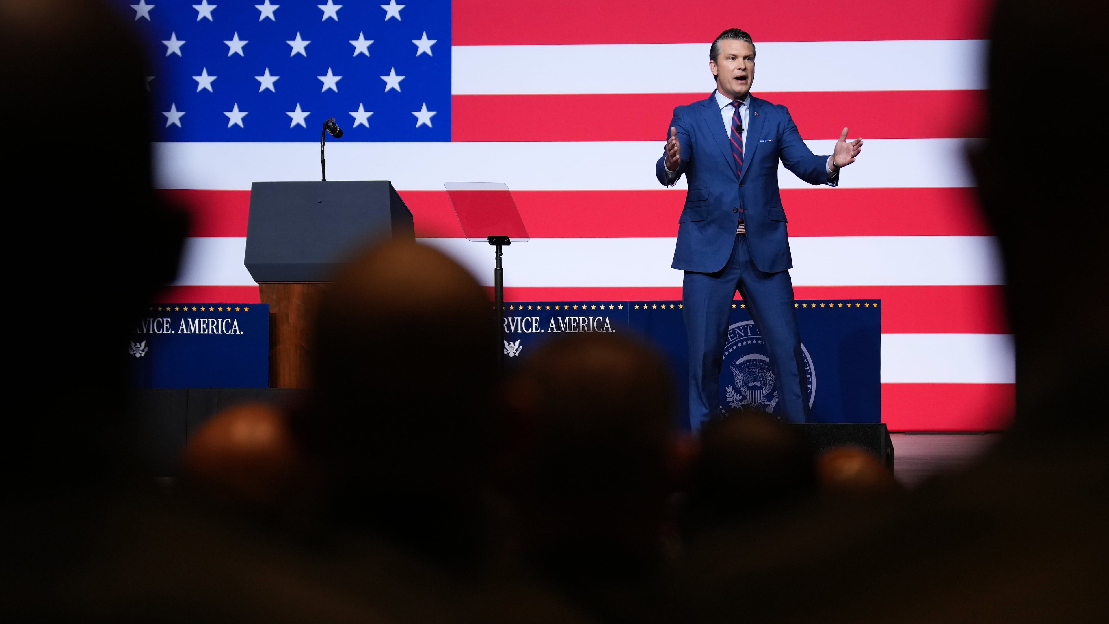 Secretary of Defense Pete Hegseth speaks to senior military leaders at Marine Corps Base Quantico, Tuesday, Sept. 30, 2025 in Quantico, Va. (Andrew Harnik/Pool via AP)