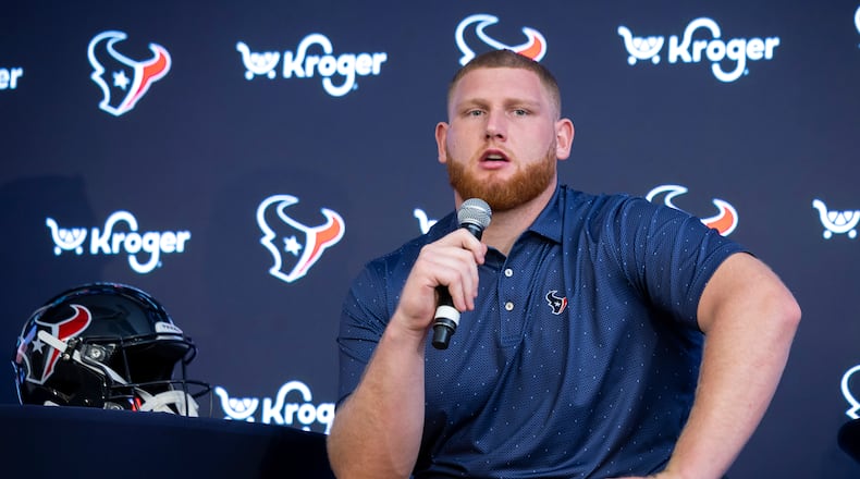 Houston Texans first-round draft pick Keylan Rutledge speaks during an NFL football press conference Friday, April 24, 2026, in Houston. (Annie Mulligan/AP)