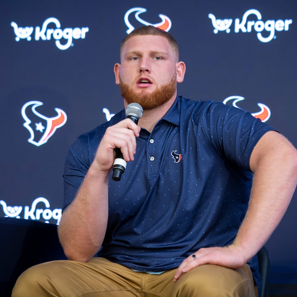 Houston Texans first-round draft pick Keylan Rutledge speaks during an NFL football press conference Friday, April 24, 2026, in Houston. (Annie Mulligan/AP)