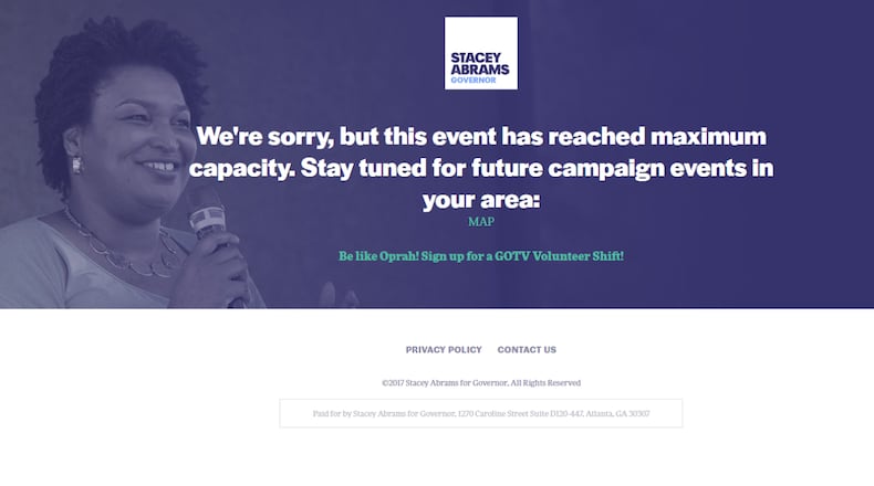 A screenshot of the message on Stacey Abrams' website showing capacity has been reached for campaign events on Thursday featuring Oprah Winfrey.