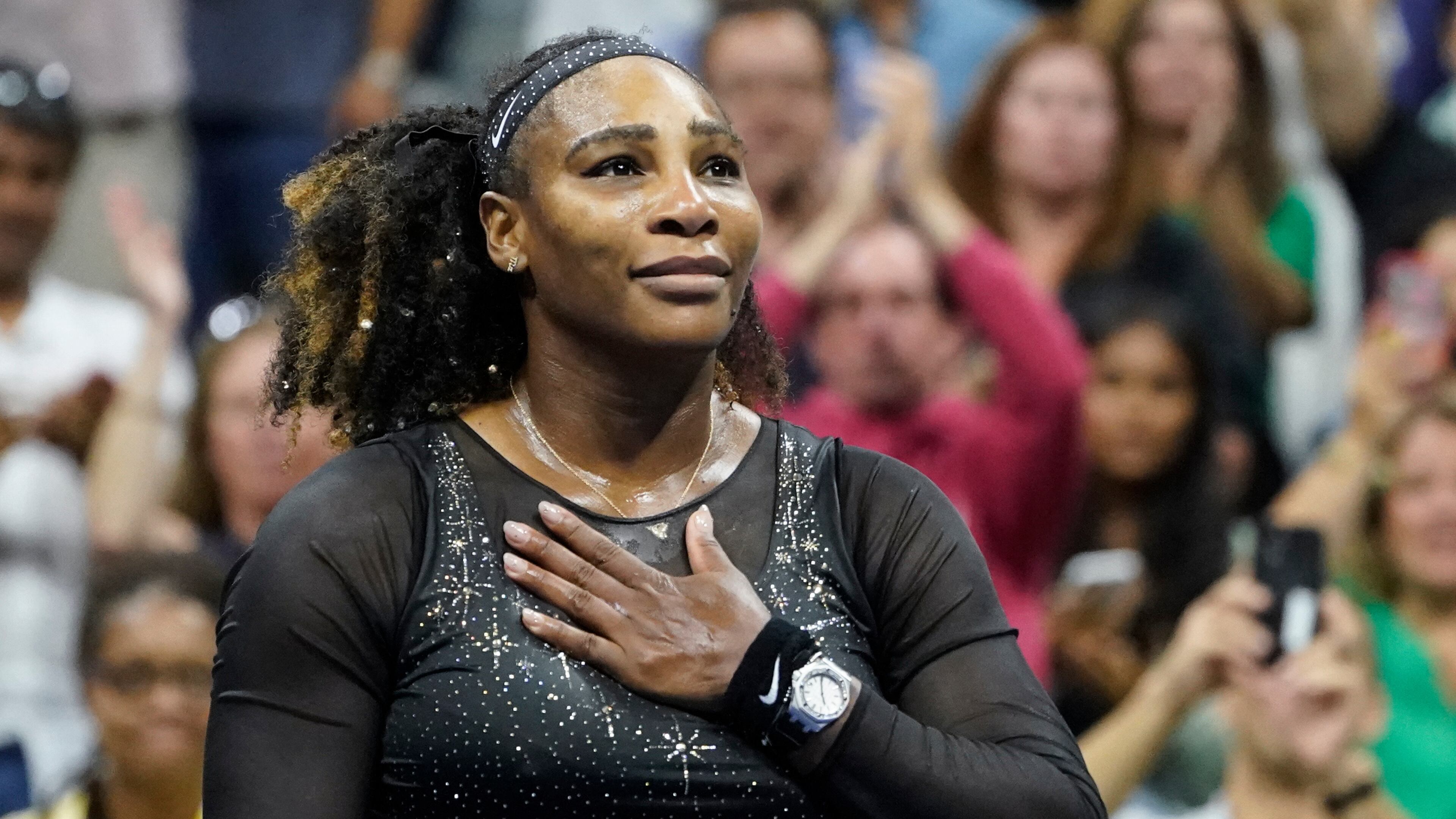 FILE - Serena Williams acknowledges the crowd after losing to Ajla Tomljanovic, of Austrailia, iin the third round of the U.S. Open tennis championships, Sept. 2, 2022, in New York. (AP Photo/John Minchillo, File)