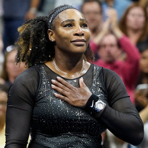 FILE - Serena Williams acknowledges the crowd after losing to Ajla Tomljanovic, of Austrailia, iin the third round of the U.S. Open tennis championships, Sept. 2, 2022, in New York. (AP Photo/John Minchillo, File)