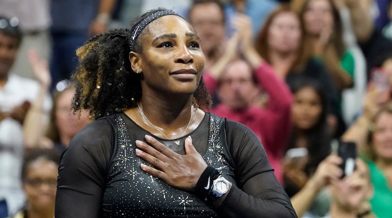 FILE - Serena Williams acknowledges the crowd after losing to Ajla Tomljanovic, of Austrailia, iin the third round of the U.S. Open tennis championships, Sept. 2, 2022, in New York. (AP Photo/John Minchillo, File)