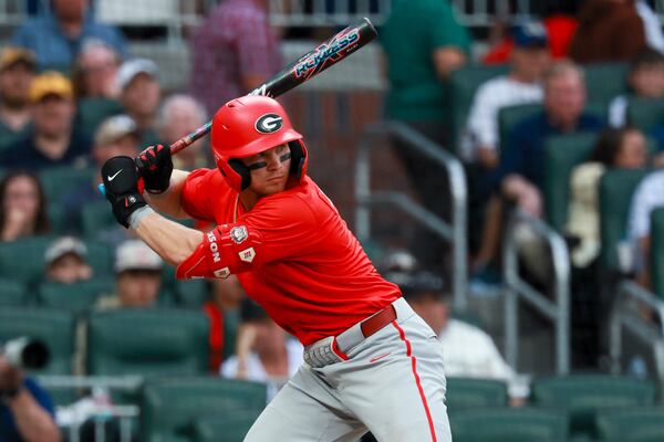 Georgia’s Daniel Jackson bats against Georgia Tech at Truist Park on Tuesday, April 21, 2026, in Atlanta. Jackson, who joined the 25-25 club as a catcher, is also a lauded draft prospect. (Jason Getz/AJC)