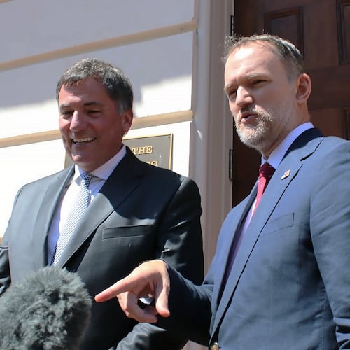 Canada-U.S. Trade Minister Dominic LeBlanc, left, and United States Trade Representative Jamieson Greer speak to reporters in Washington, D.C., on Wednesday, Aug. 19, 2026, the day after the Trump administration temporarily delayed tariffs on Canada. (Kelly Geraldine Malone/The Canadian Press via AP)