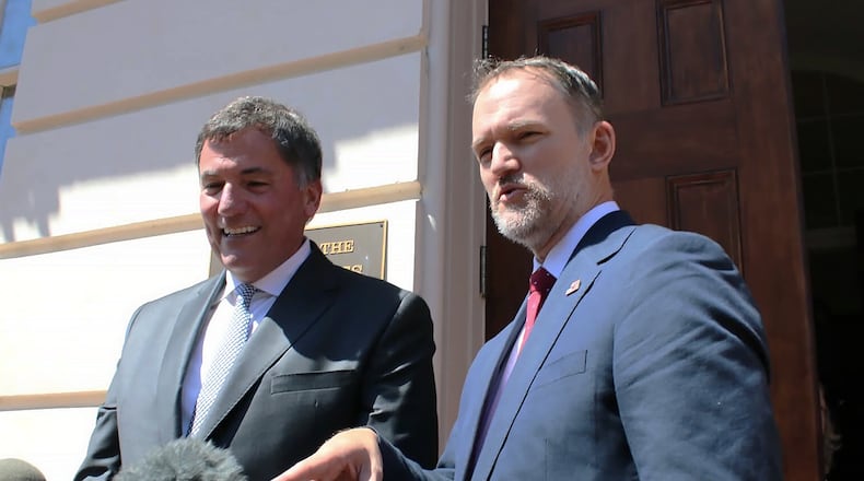 Canada-U.S. Trade Minister Dominic LeBlanc, left, and United States Trade Representative Jamieson Greer speak to reporters in Washington, D.C., on Wednesday, Aug. 19, 2026, the day after the Trump administration temporarily delayed tariffs on Canada. (Kelly Geraldine Malone/The Canadian Press via AP)