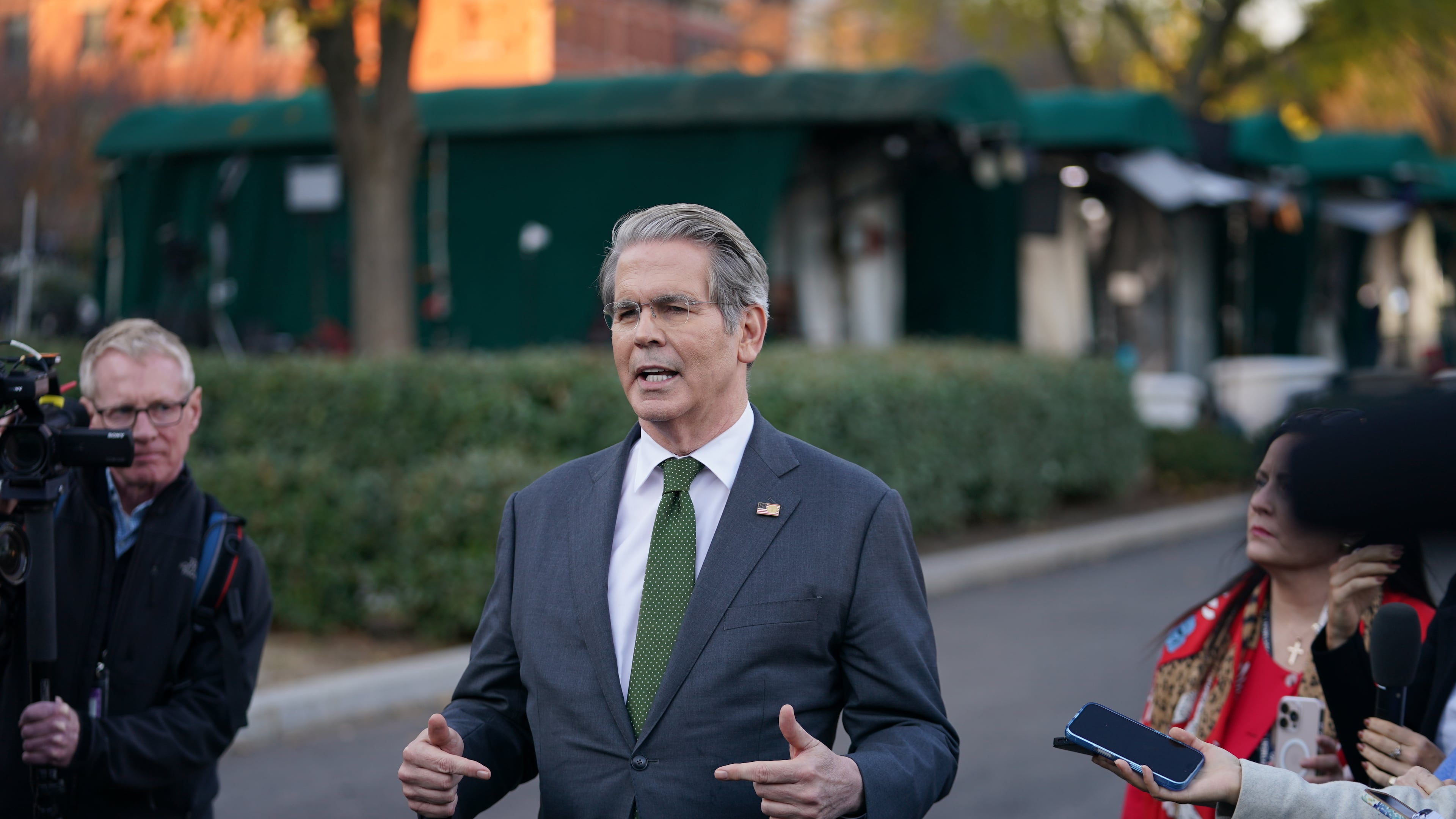 U.S. Secretary of the Treasury Scott Bessent speaks to reporters at the White House, Wednesday, Nov. 5, 2025, in Washington. (AP Photo/Allison Robbert)