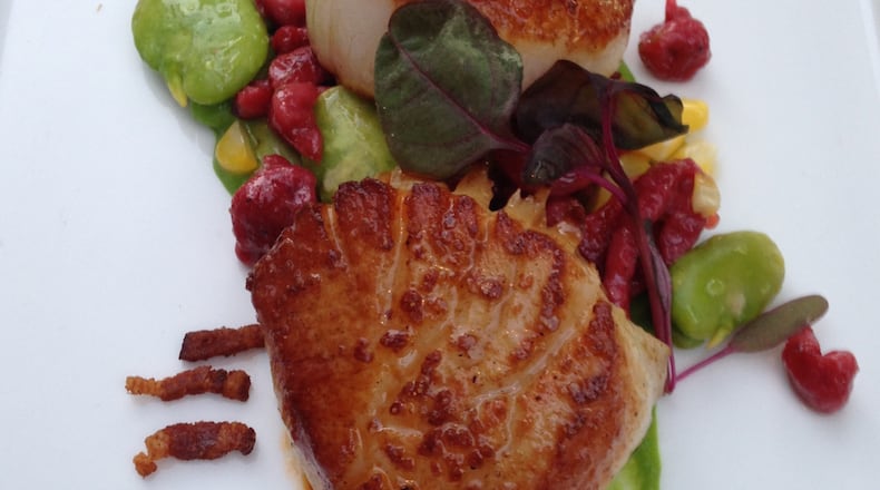 Pan-seared scallops with fava beans and bacon