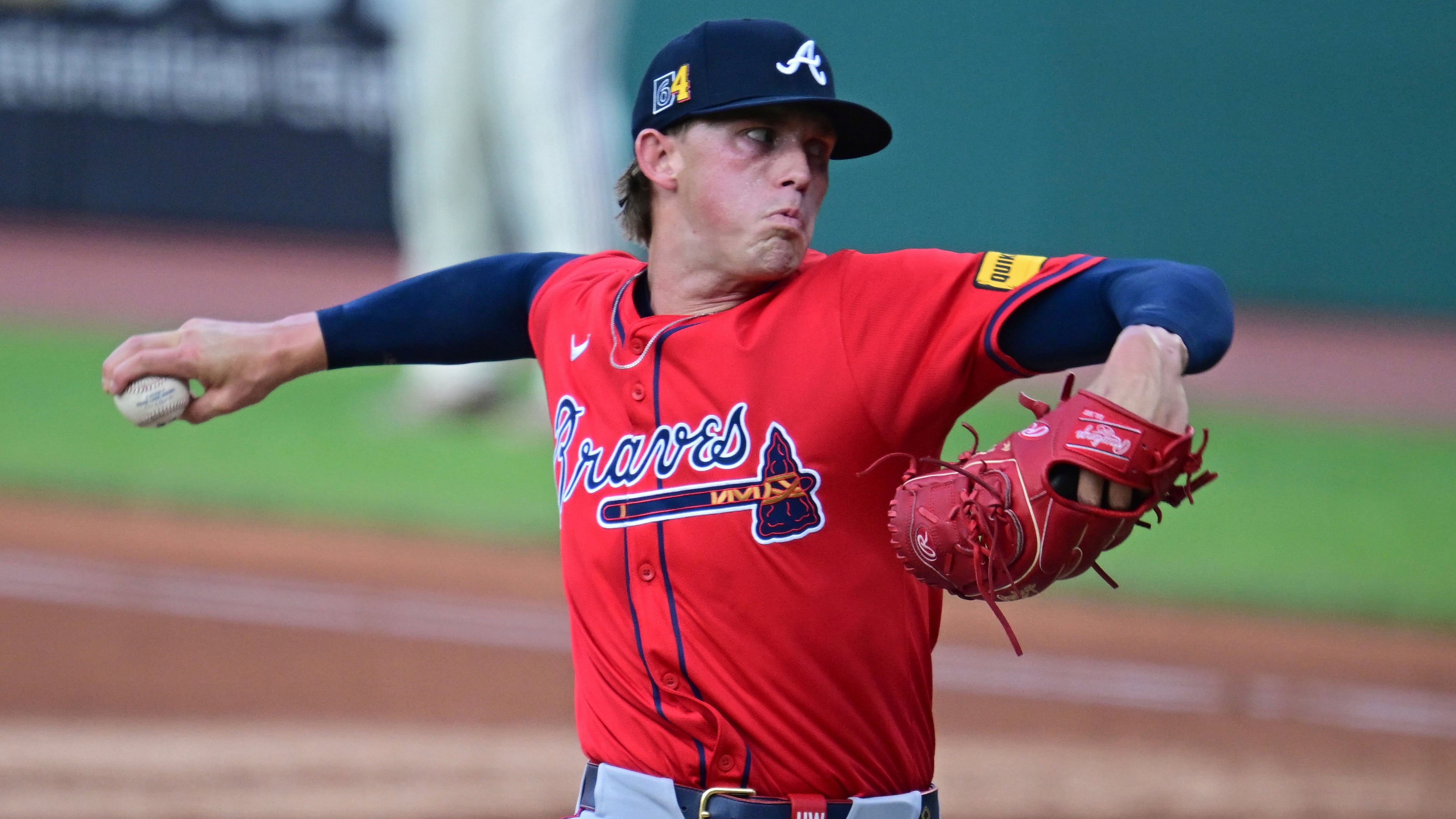Atlanta Braves starting pitcher Hurston Waldrep delivers during the first inning of a baseball game against the Cleveland Guardians, Friday, Aug. 15, 2025, in Cleveland. (AP Photo/David Dermer)