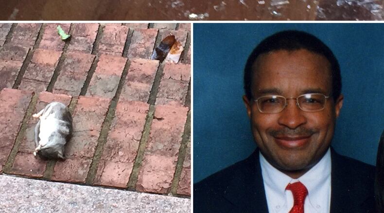This collage, top, shows a brick thrown through a window at Elvin “E.R.” Mitchell Jr.’s home in southwest Atlanta in September 2015, Mitchell, right, and one of the dead rats left at his home in September 2015. SPECIAL
