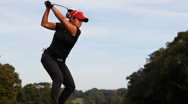 Alyaa Abdulghany of the USC Trojans tees off the 14th hole during day three of the 2018 East Lake Cup at East Lake Golf Club on October 31, 2018 in Atlanta, Georgia. (Photo by Kevin C. Cox/Getty Images)