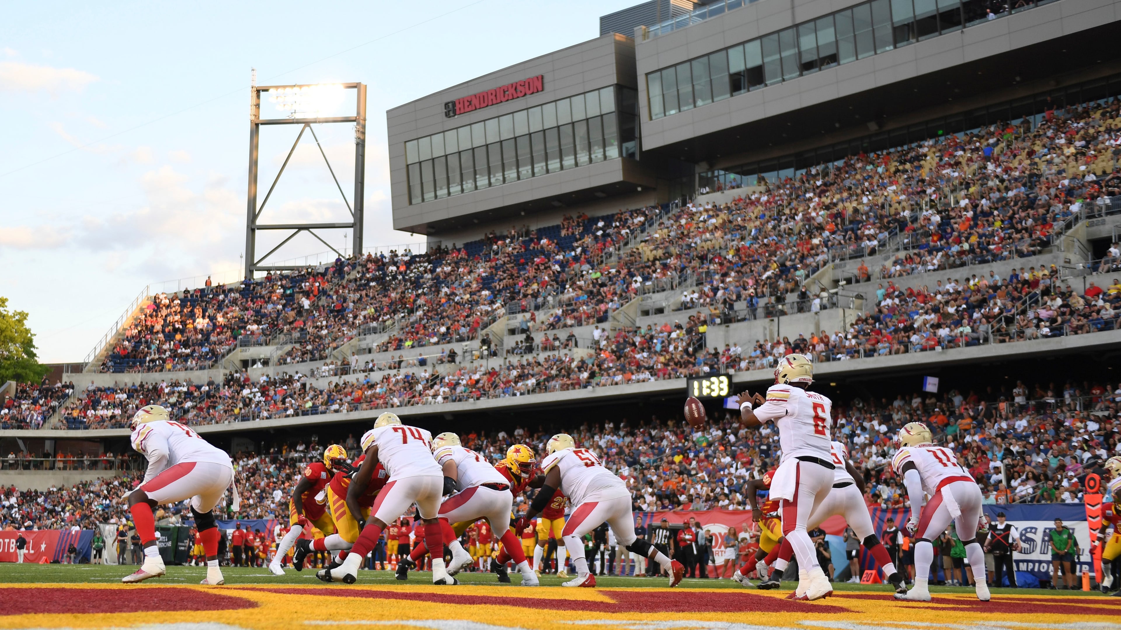 FILE - Birmingham Stallions quarterback J'Mar Smith, front right, collects the snap during the first half of a USFL football game against the Philadelphia Stars for the league championship, Sunday, July. 3, 2022, in Canton, Ohio. (AP Photo/David Dermer, File)