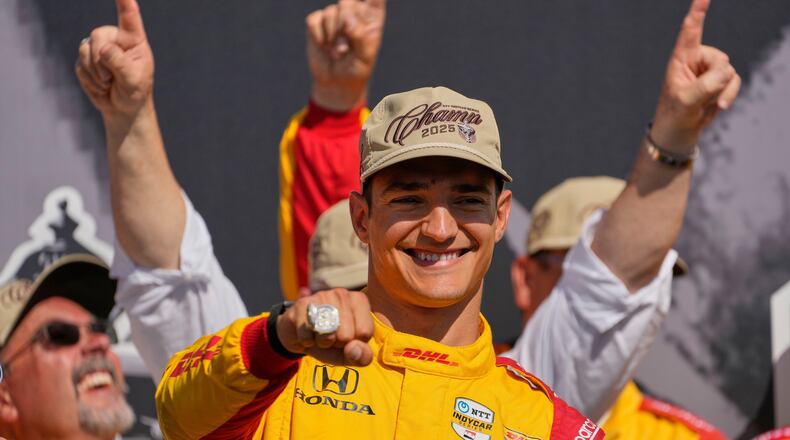 FILE - Alex Palou celebrates after winning the IndyCar championship Sunday, Aug. 31, 2025, at Nashville Superspeedway in Lebanon, Tenn. (AP Photo/George Walker IV, file)