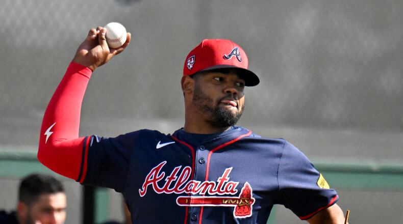Atlanta Braves pitcher Reynaldo Lopez throws in the bullpen during spring training workouts at CoolToday Park, Monday, February, 19, 2024, in North Port, Florida. (Hyosub Shin / Hyosub.Shin@ajc.com)