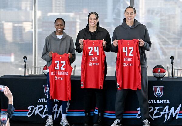 Dream players Shatori Walker-Kimbrough (from left), Brionna Jones and Brittney Griner attend a news conference to introduce the team's newest members on Tuesday, Feb. 4, 2025, in Atlanta. (Hyosub Shin/AJC)