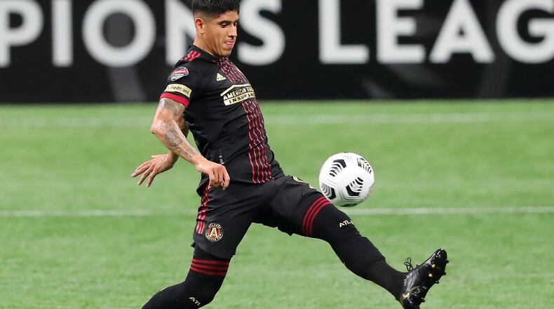 Atlanta United defender Alan Franco deflects a pass during the first leg of the CONCACAF Champions League quarterfinals against the Philadelphia Union Tuesday, April 27, 2021, at Mercedes-Benz Stadium in Atlanta. Philadelphia won 3-0. (Curtis Compton / Curtis.Compton@ajc.com)