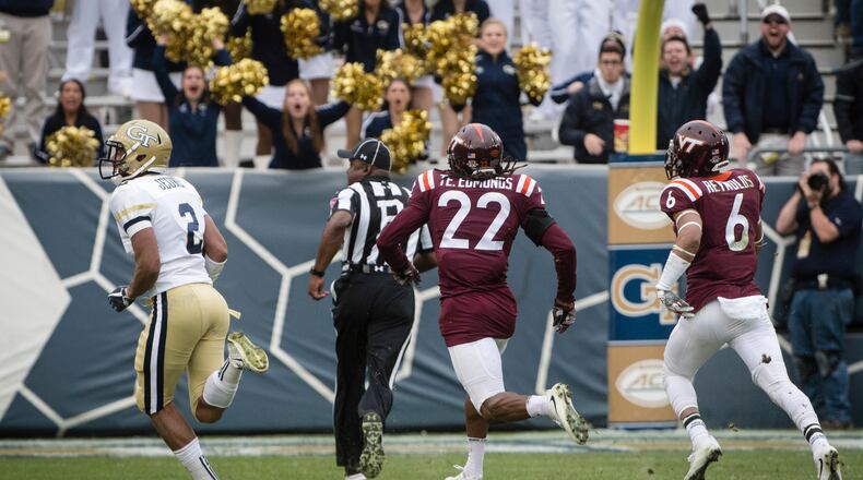 Georgia Tech wide receiver Ricky Jeune (2) runs for a touchdown as Virginia Tech safety Terrell Edmunds (22) and defensive back Mook Reynolds (6) give chase during the fourth quarter of a football game on Saturday, Nov.11, 2017, in Atlanta. (Photo/John Amis)