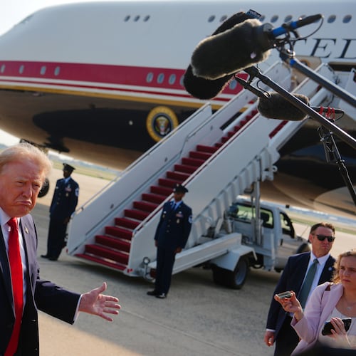 President Donald Trump speaks to reporters before boarding Air Force One, Wednesday, July 1, 2026, at Joint Base Andrews, Md. (AP Photo/Julia Demaree Nikhinson)