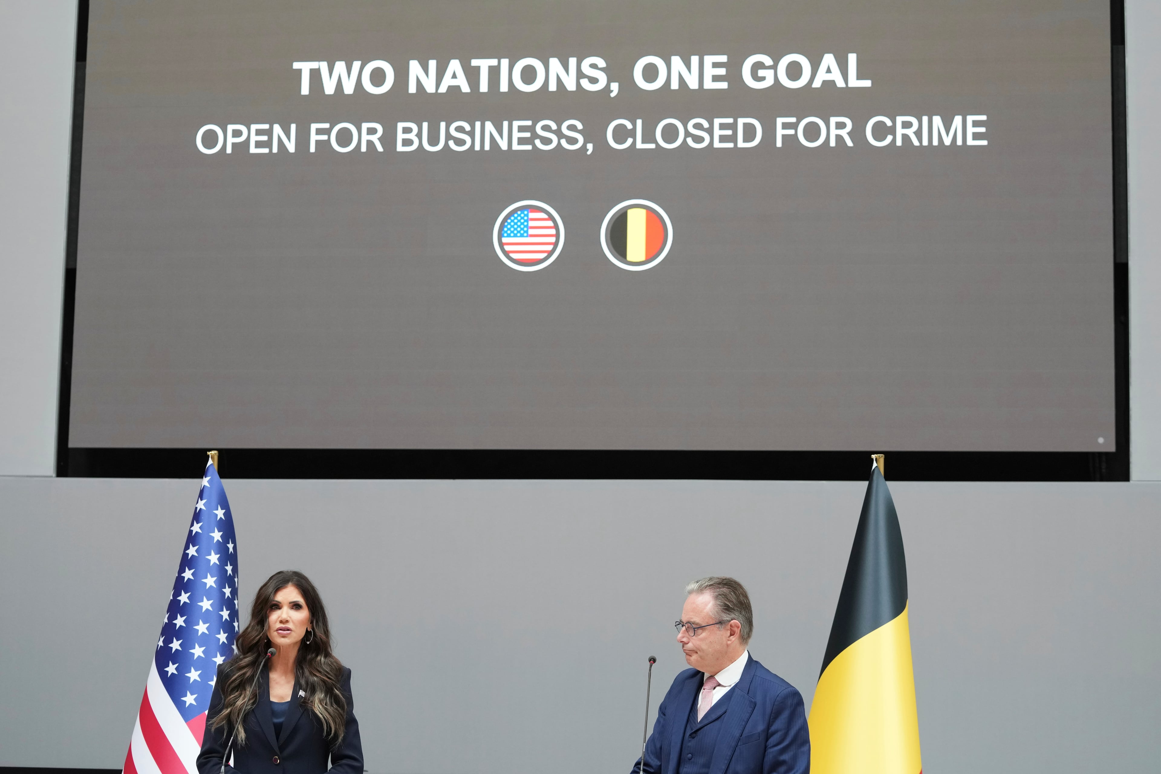 United States Secretary of Homeland Security Kristi Noem, left, participates in a press statement with Belgium's Prime Minister Bart De Wever during a visit to the Port of Antwerp in Antwerp, Belgium, Wednesday, Sept. 10, 2025. (Virginia Mayo/AP)